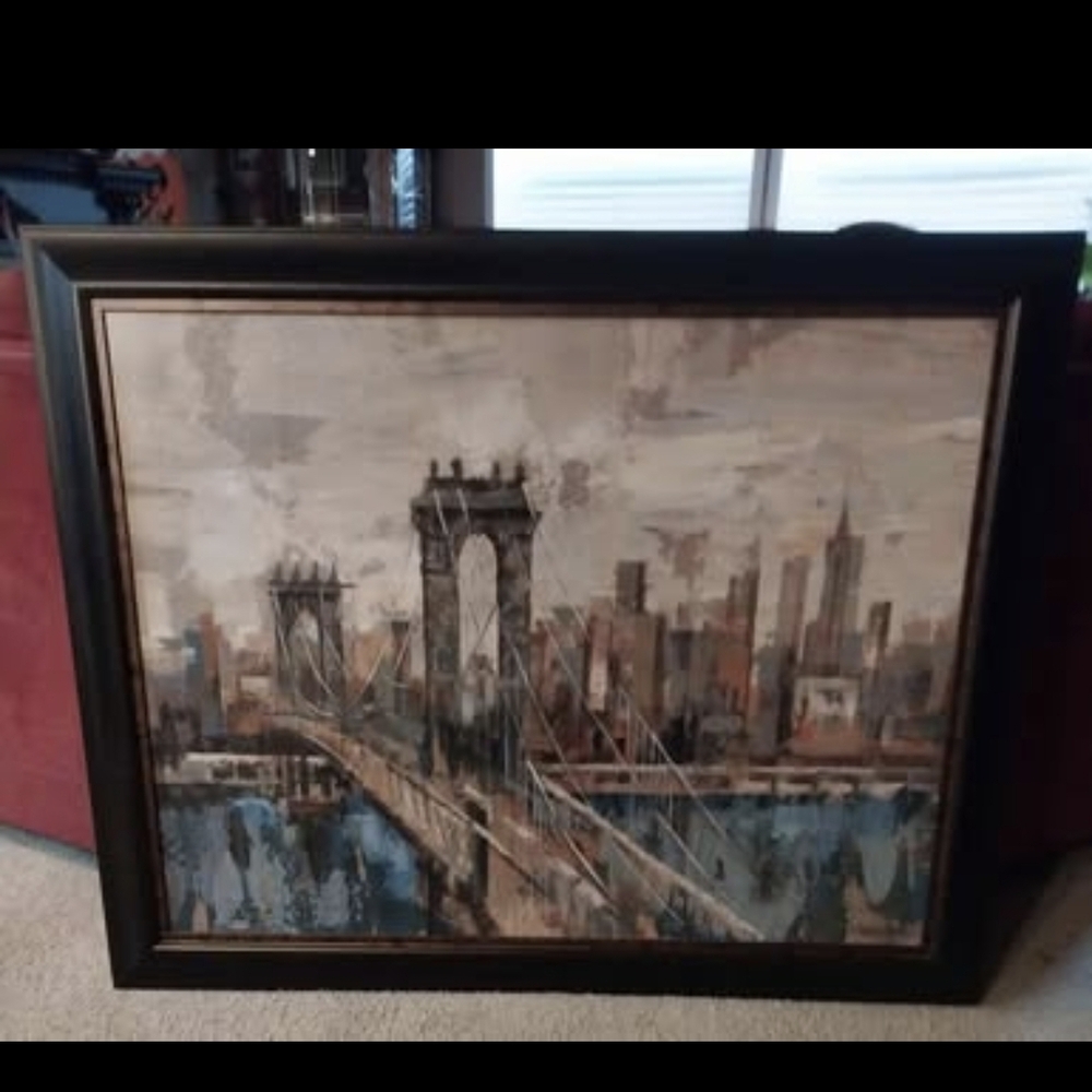 Framed Cityscape Bridge Wall Art in Blue and Brown Tones